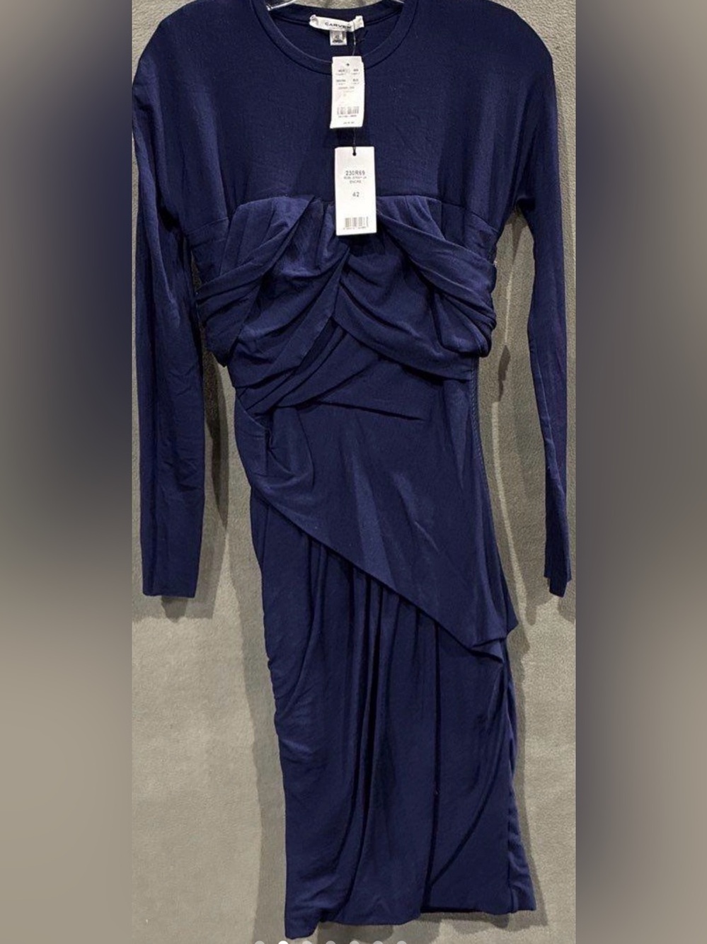 Carven $670 NWT Navy Robe Jersey Long Sleeve Wool Draped Dress
Sz  FR 42 /US 10